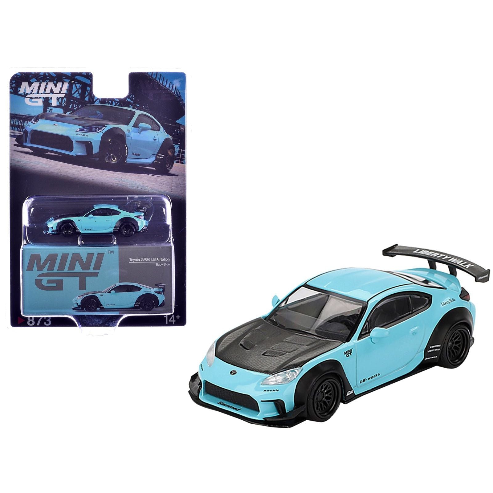 Toyota GR86 "LB - Nation - Liberty Walk" Baby Blue with Carbon Hood Limited Edition 1/64 Diecast Model Car by Mini GT - Mini GT - ModelCars.com
