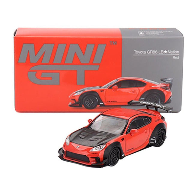 Toyota GR86 "LB-Nation - Liberty Walk" Red with Carbon Hood Limited Edition 1/64 Diecast Model Car by Mini GT-Mini GT-ModelCars.com