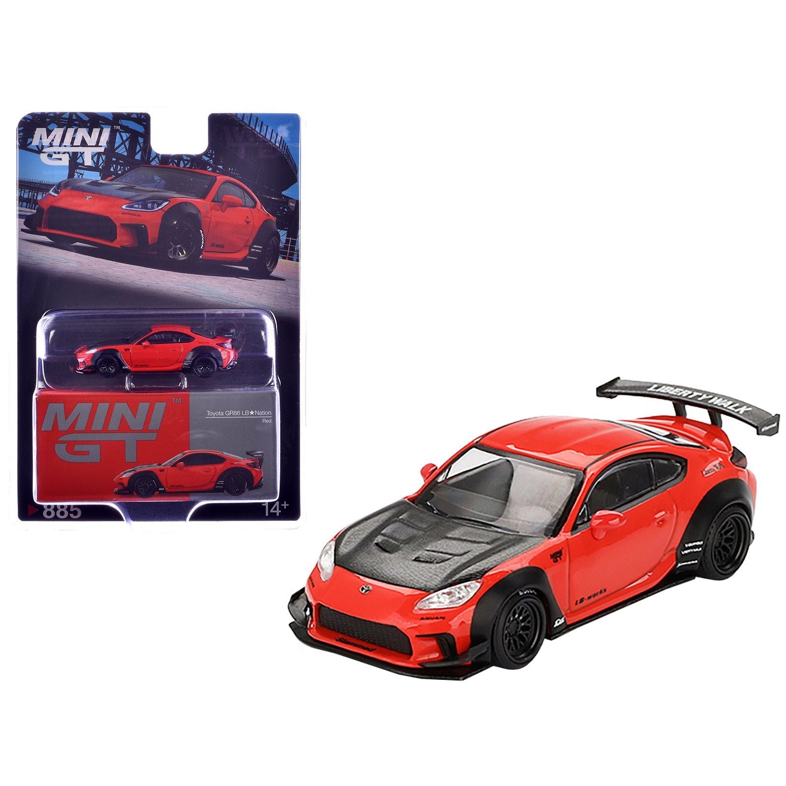 Toyota GR86 "LB - Nation - Liberty Walk" Red with Carbon Hood Limited Edition 1/64 Diecast Model Car by Mini GT - Mini GT - ModelCars.com