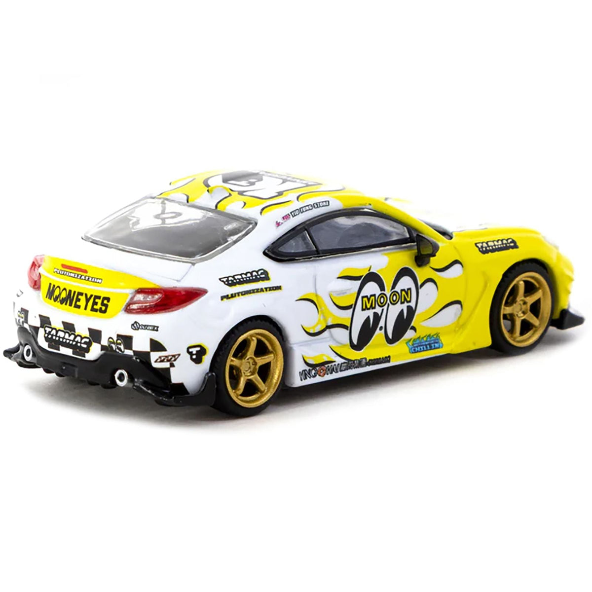 Toyota GR86 RHD (Right Hand Drive) "MoonEyes" White with Yellow Flames and Graphics "Global64" Series 1/64 Diecast Model by Tarmac Works-Tarmac Works-ModelCars.com