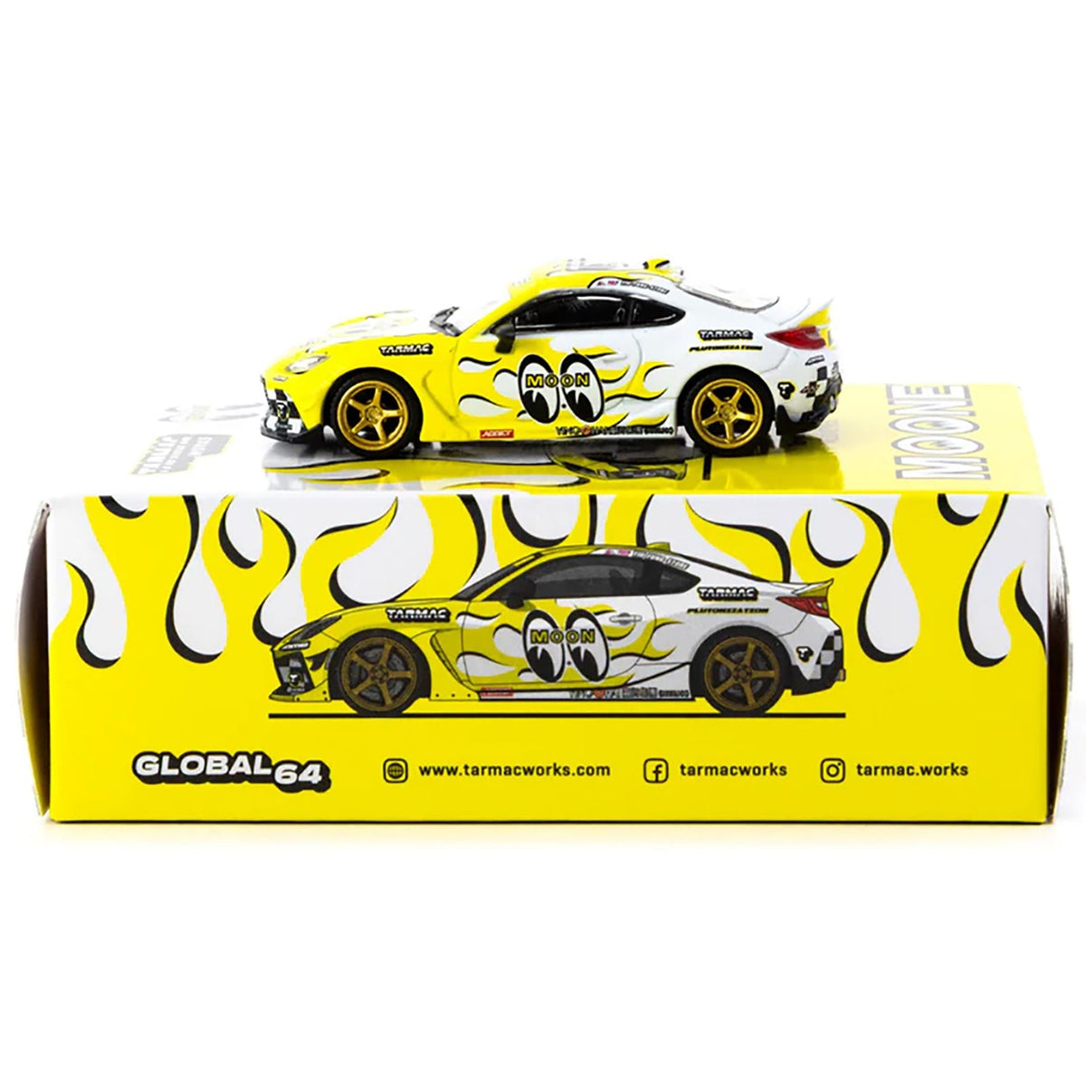 Toyota GR86 RHD (Right Hand Drive) "MoonEyes" White with Yellow Flames and Graphics "Global64" Series 1/64 Diecast Model by Tarmac Works-Tarmac Works-ModelCars.com