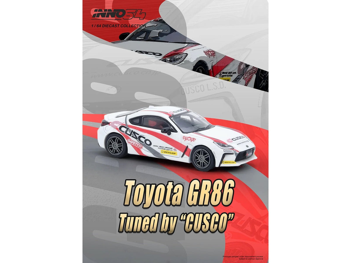 Toyota GR86 Tuned by "CUSCO" RHD (Right Hand Drive) White with Red and Gray Stripes 1/64 Diecast Model Car by Inno Models-Inno Models-ModelCars.com