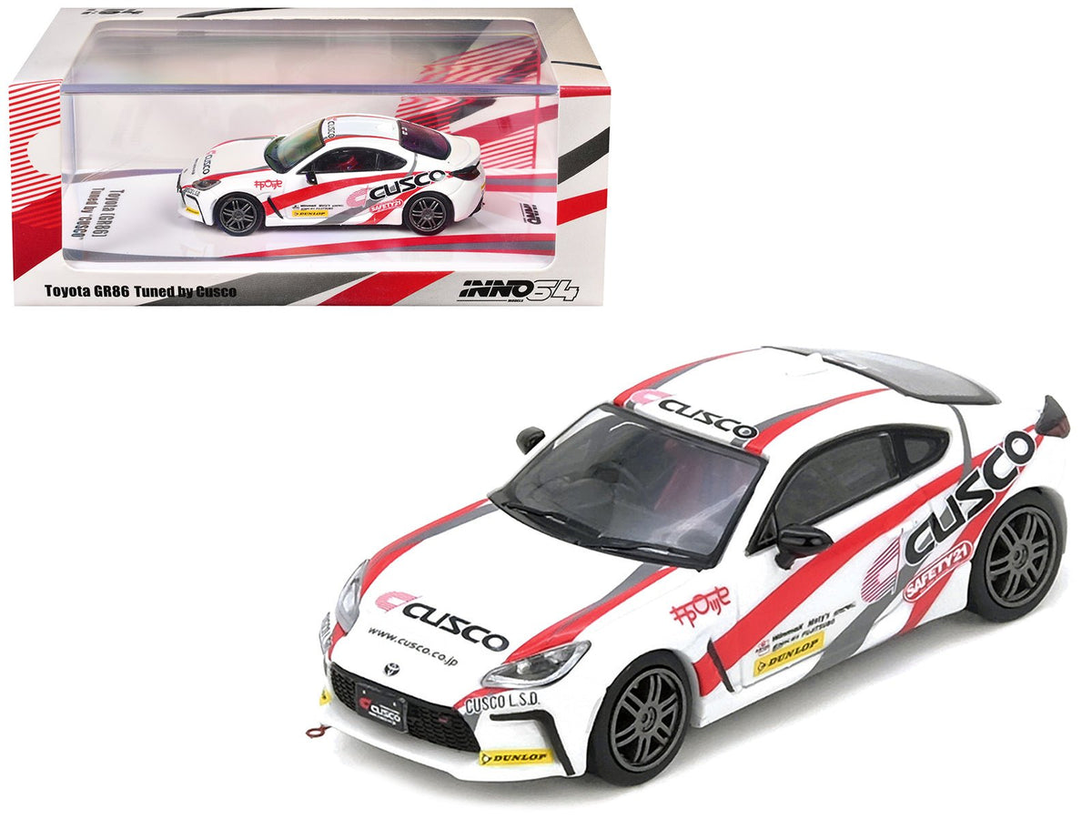 Toyota GR86 Tuned by "CUSCO" RHD (Right Hand Drive) White with Red and Gray Stripes 1/64 Diecast Model Car by Inno Models-Inno Models-ModelCars.com