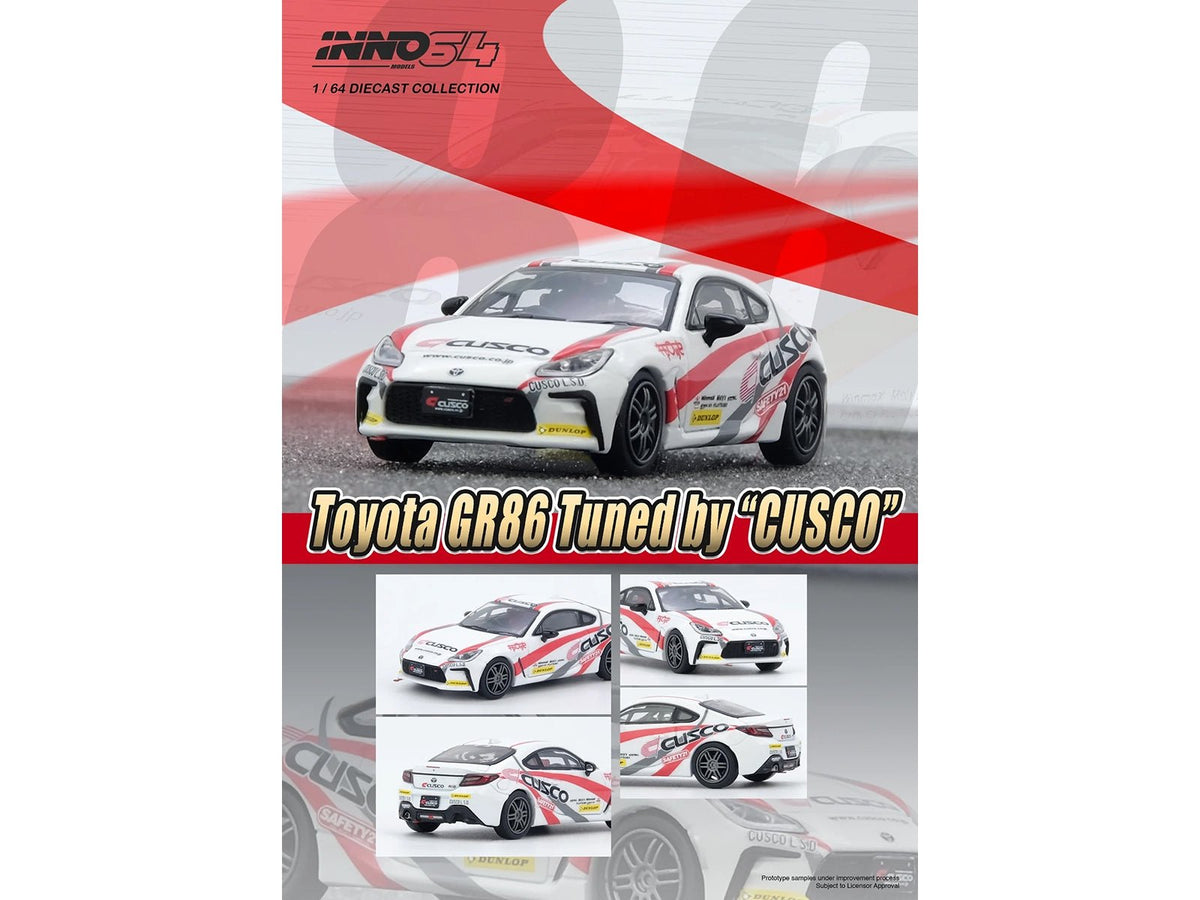 Toyota GR86 Tuned by "CUSCO" RHD (Right Hand Drive) White with Red and Gray Stripes 1/64 Diecast Model Car by Inno Models-Inno Models-ModelCars.com