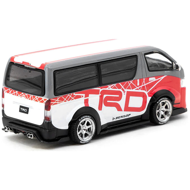 Toyota Hiace Widebody Van RHD (Right Hand Drive) "TRD" Gray and White with Red Graphics "Hobby64" Series 1/64 Diecast Model Car by Tarmac Works-Tarmac Works-ModelCars.com