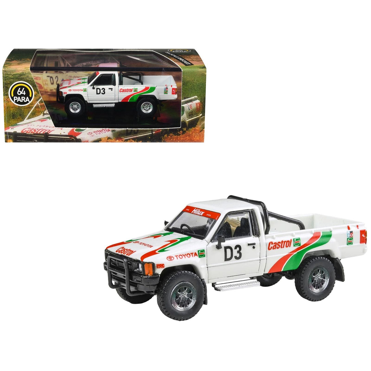 Toyota Hilux Pickup Truck #D3 "Castrol" White with Graphics "Rustenburg 400 Rally" (1995) 1/64 Diecast Model Car by Paragon-Paragon-ModelCars.com