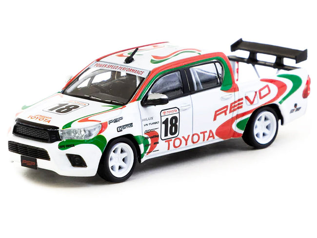 Toyota Hilux Pickup Truck RHD (Right Hand Drive) #18 White with Red and Green Graphics "Hobby64" Series 1/64 Diecast Model Car by Tarmac Works-Tarmac Works-ModelCars.com