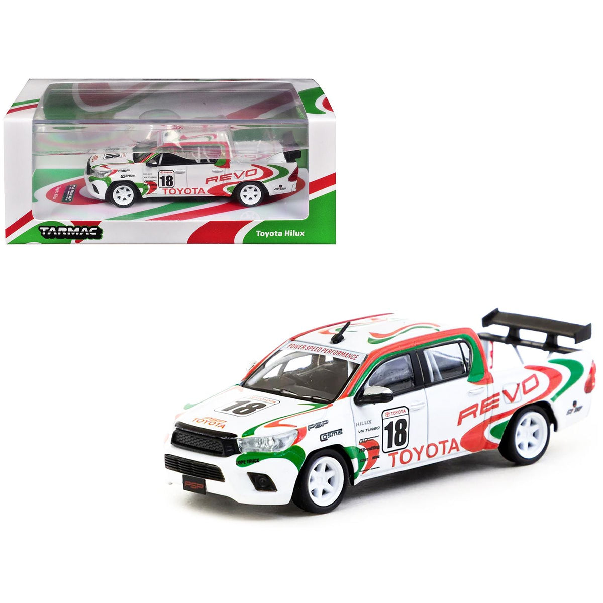 Toyota Hilux Pickup Truck RHD (Right Hand Drive) #18 White with Red and Green Graphics "Hobby64" Series 1/64 Diecast Model Car by Tarmac Works-Tarmac Works-ModelCars.com