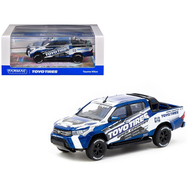 Toyota Hilux Pickup Truck RHD (Right Hand Drive) "Toyo Tires" White and Blue with Graphics "Hobby64" Series 1/64 Diecast Model Car by Tarmac Works-Tarmac Works-ModelCars.com