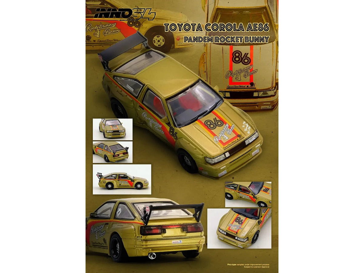 Toyota Levin (AE86) RHD (Right Hand Drive) 86 "Pandem Rocket Bunny" Gold Metallic with Stripes 1/64 Diecast Model Car by Inno Models-Inno Models-ModelCars.com