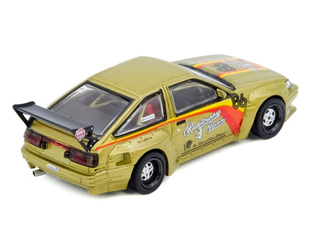 Toyota Levin (AE86) RHD (Right Hand Drive) 86 "Pandem Rocket Bunny" Gold Metallic with Stripes 1/64 Diecast Model Car by Inno Models-Inno Models-ModelCars.com