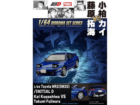 Toyota MR2 (SW20) RHD (Right Hand Drive) Blue Metallic "Kai Kogashiwa VS Takumi Fujiwara - Initial D" (1995-2013) Manga "Diorama Set Series" 1/64 Diecast Model Car by Hobby Japan-Hobby Japan-ModelCars.com