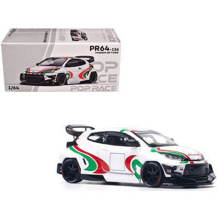 Toyota Pandem GR Yaris RHD (Right Hand Drive) "Rally Livery" White with Red and Green Graphics 1/64 Diecast Model Car by Pop Race - Pop Race - ModelCars.com