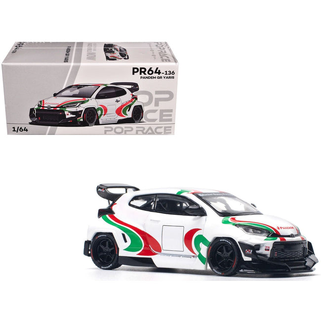 Toyota Pandem GR Yaris RHD (Right Hand Drive) "Rally Livery" White with Red and Green Graphics 1/64 Diecast Model Car by Pop Race - Pop Race - ModelCars.com