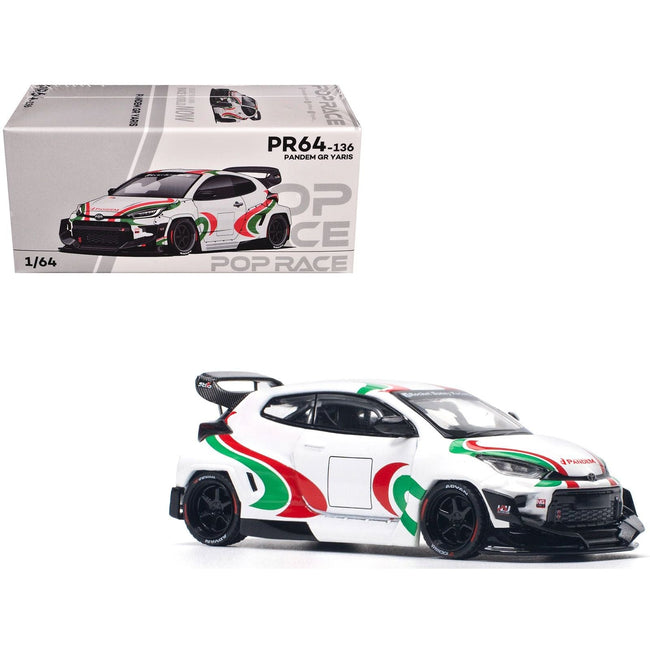 Toyota Pandem GR Yaris RHD (Right Hand Drive) "Rally Livery" White with Red and Green Graphics 1/64 Diecast Model Car by Pop Race-Pop Race-ModelCars.com