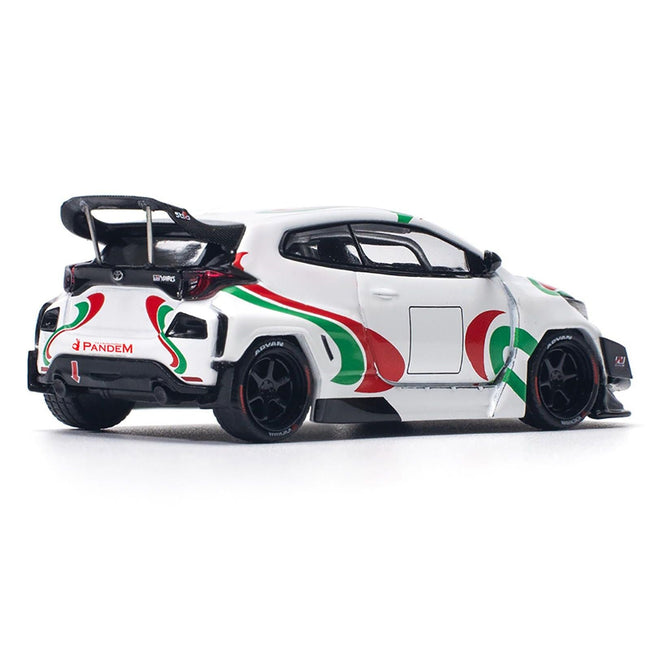 Toyota Pandem GR Yaris RHD (Right Hand Drive) "Rally Livery" White with Red and Green Graphics 1/64 Diecast Model Car by Pop Race-Pop Race-ModelCars.com