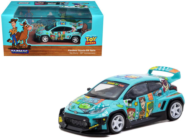 Toyota Pandem GR Yaris RHD (Right Hand Drive) "Toy Story 30th Anniversary" Blue with Graphics with Tarmac Cards "Hobby64" Series 1/64 Diecast Model by Tarmac Works-Tarmac Works-ModelCars.com
