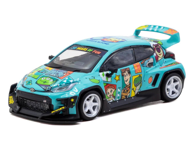 Toyota Pandem GR Yaris RHD (Right Hand Drive) "Toy Story 30th Anniversary" Blue with Graphics with Tarmac Cards "Hobby64" Series 1/64 Diecast Model by Tarmac Works-Tarmac Works-ModelCars.com