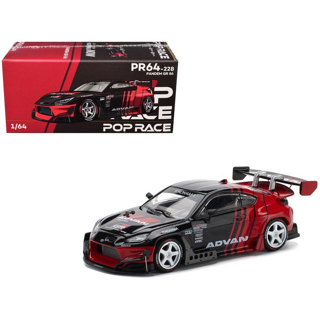 Toyota Pandem GR86 "Advan" Black and Red with Graphics 1/64 Diecast Model Car by Pop Race-Pop Race-ModelCars.com