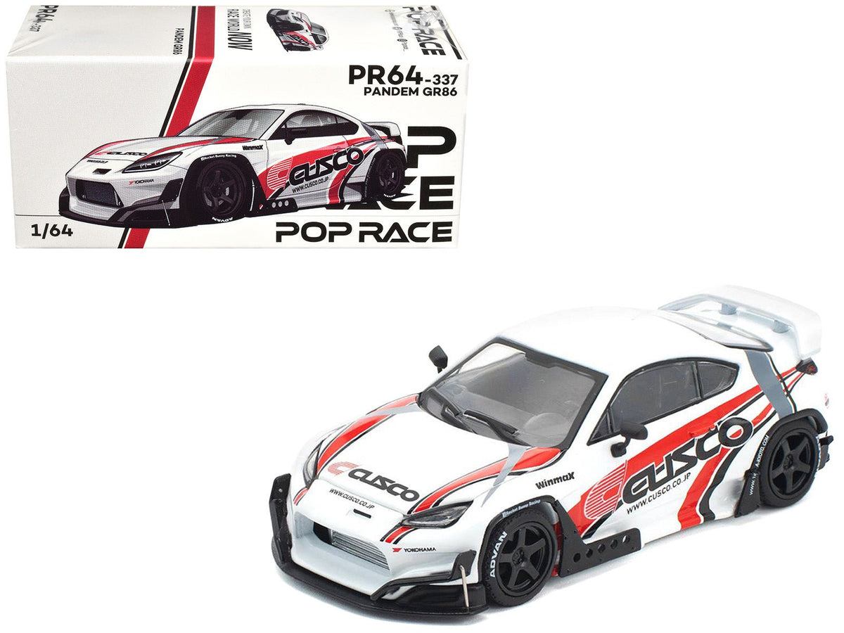 Toyota Pandem GR86 "Cusco" White with Racing Graphics 1/64 Diecast Model Car by Pop Race-Pop Race-ModelCars.com