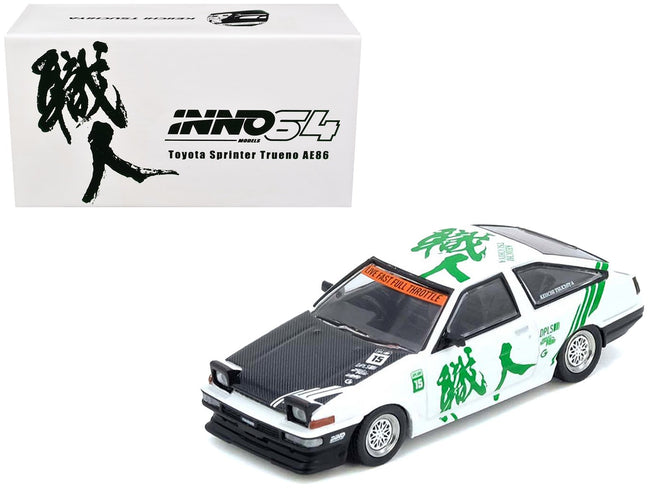 Toyota Sprinter Trueno (AE86) RHD (Right Hand Drive) 15 "Keiichi Tsuchiya" White with Green Graphics 1/64 Diecast Model Car by Inno Models-Inno Models-ModelCars.com