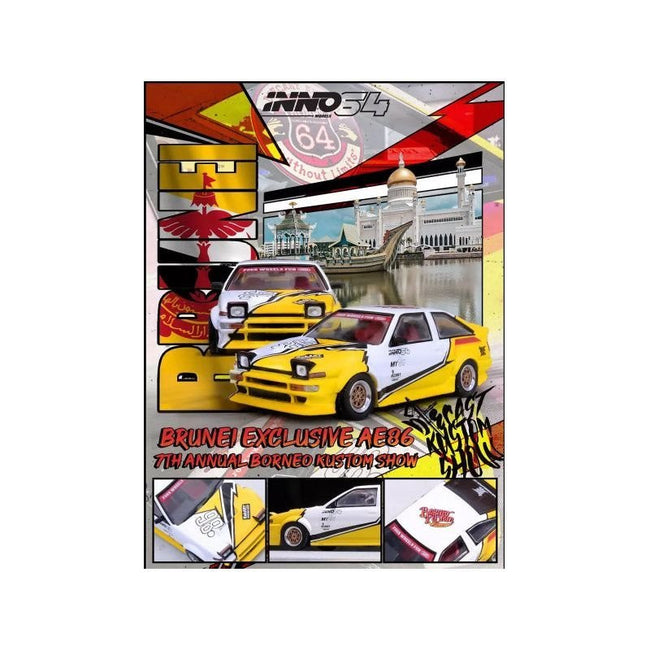 Toyota Sprinter Trueno (AE86) RHD (Right Hand Drive) "Brunei Diecast Kustom Show 2024" White and Yellow with Graphics 1/64 Diecast Model Car by Inno Models-Inno Models-ModelCars.com