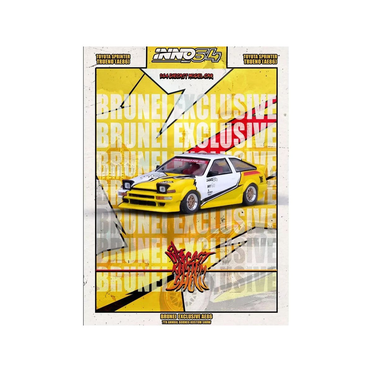 Toyota Sprinter Trueno (AE86) RHD (Right Hand Drive) "Brunei Diecast Kustom Show 2024" White and Yellow with Graphics 1/64 Diecast Model Car by Inno Models - Inno Models - ModelCars.com