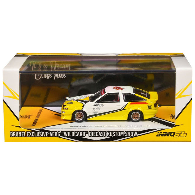 Toyota Sprinter Trueno (AE86) RHD (Right Hand Drive) "Brunei Diecast Kustom Show 2024" White and Yellow with Graphics 1/64 Diecast Model Car by Inno Models-Inno Models-ModelCars.com