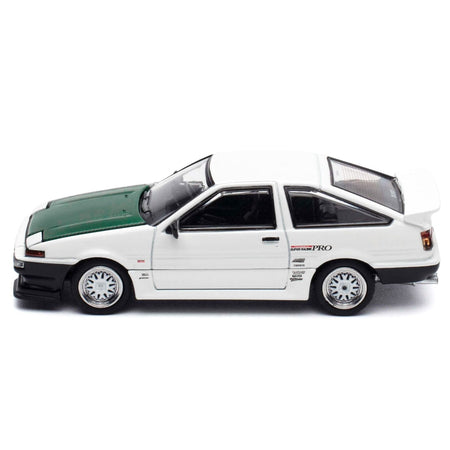 Toyota Sprinter Trueno (AE86) RHD (Right Hand Drive) "Keiichi Tsuchiya - Dori Dori Mesh Wheels" White with Green Carbon Hood 1/64 Diecast Model Car by Hobby Japan-Hobby Japan-ModelCars.com