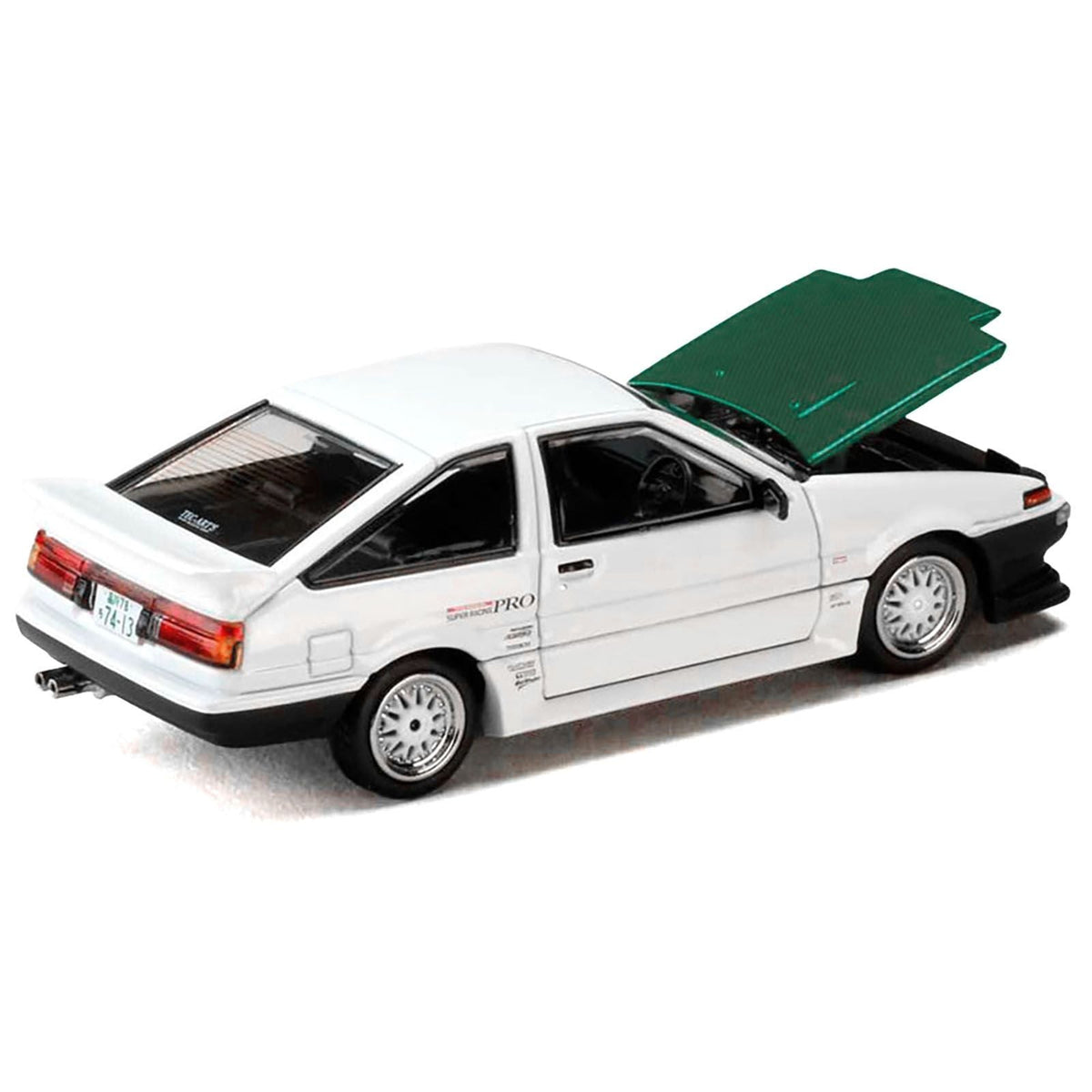 Toyota Sprinter Trueno (AE86) RHD (Right Hand Drive) "Keiichi Tsuchiya - Dori Dori Mesh Wheels" White with Green Carbon Hood 1/64 Diecast Model Car by Hobby Japan-Hobby Japan-ModelCars.com