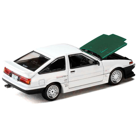 Toyota Sprinter Trueno (AE86) RHD (Right Hand Drive) "Keiichi Tsuchiya - Dori Dori Mesh Wheels" White with Green Carbon Hood 1/64 Diecast Model Car by Hobby Japan-Hobby Japan-ModelCars.com