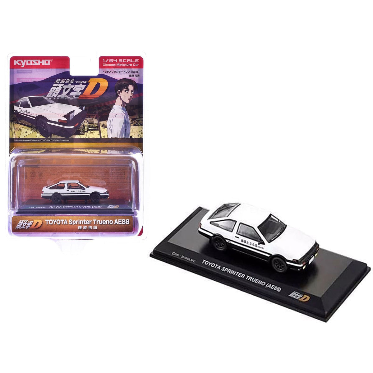 Toyota Sprinter Trueno (AE86) RHD (Right Hand Drive) White and Black with Graphics "Initial D" Manga 1/64 Diecast Model Car by Kyosho-Kyosho-ModelCars.com