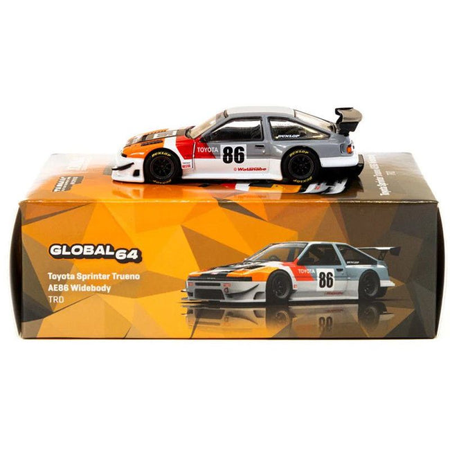 Toyota Sprinter Trueno AE86 Widebody RHD (Right Hand Drive) #86 "TRD-Jonsibal Designworks" White and Gray with Graphics "Global64" Series 1/64 Diecast Model by Tarmac Works-Tarmac Works-ModelCars.com