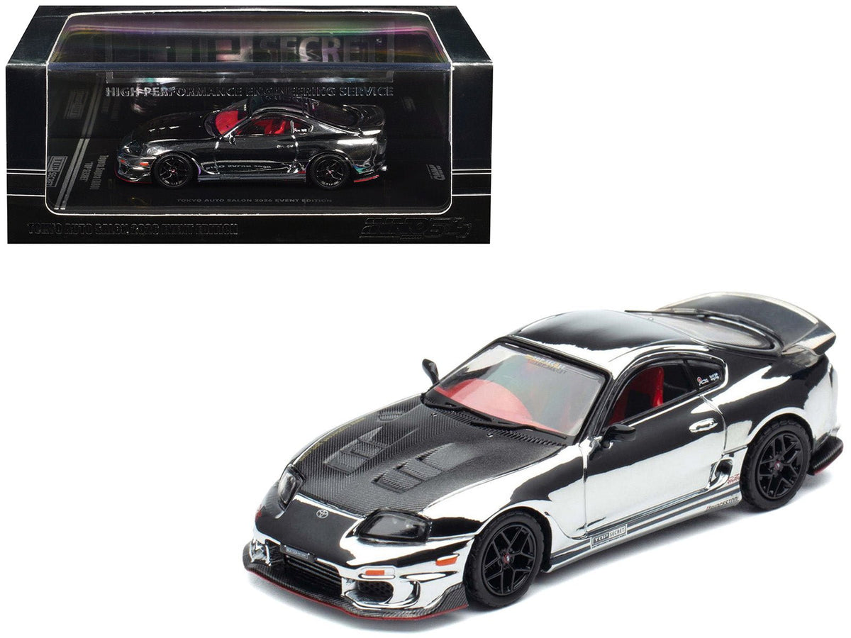 Toyota Supra (A80) "Top Secret" GT300 RHD (Right Hand Drive) Chrome with Carbon Hood and Red Interior "Tokyo Auto Salon 2026 Event Exclusive" 1/64 Diecast Model Car by Inno Models-Inno Models-ModelCars.com