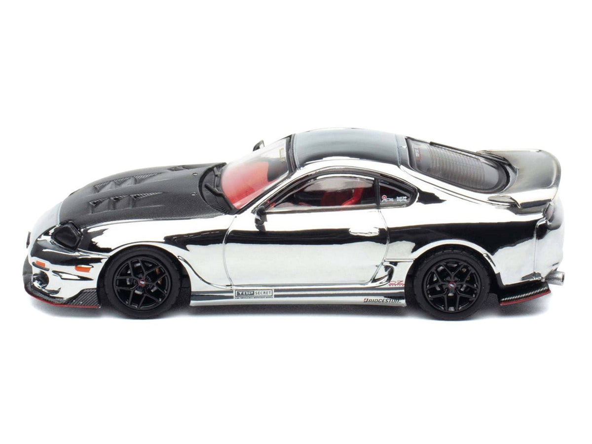 Toyota Supra (A80) "Top Secret" GT300 RHD (Right Hand Drive) Chrome with Carbon Hood and Red Interior "Tokyo Auto Salon 2026 Event Exclusive" 1/64 Diecast Model Car by Inno Models-Inno Models-ModelCars.com