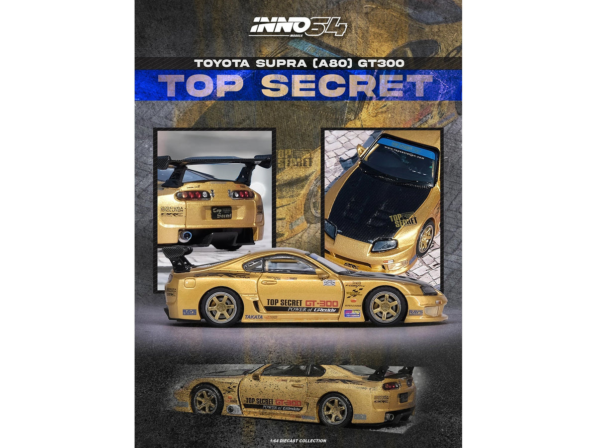 Toyota Supra (A80) "Top Secret" GT300 RHD (Right Hand Drive) Gold Metallic with Carbon Hood 1/64 Diecast Model Car by Inno Models-Inno Models-ModelCars.com