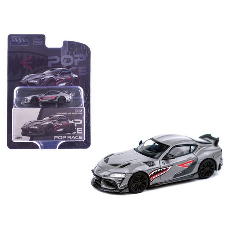 Toyota Supra "DarwinPro 66G NWB" Gray Metallic with Shark Mouth Graphics 1/64 Diecast Model Car by Pop Race - Pop Race - ModelCars.com
