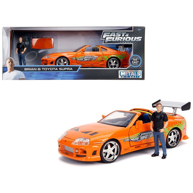 Toyota Supra Orange Metallic with Brian Diecast Figurine "Fast & Furious" Movie 1/24 Diecast Model Car by Jada-Jada-ModelCars.com