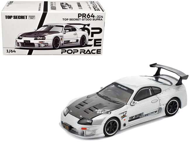 Toyota Supra "Top Secret" GT300 RHD (Right Hand Drive) Silver Metallic with Carbon Hood 1/64 Diecast Model Car by Pop Race-Pop Race-ModelCars.com