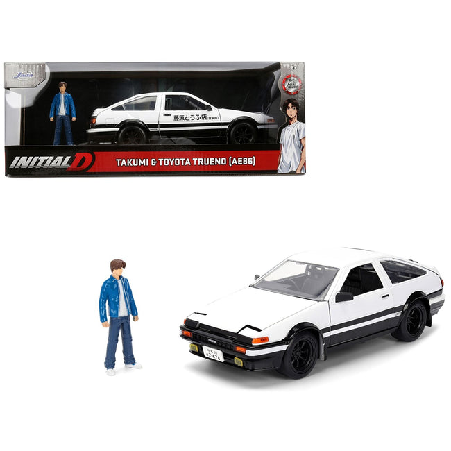 Toyota Trueno (AE86) RHD (Right Hand Drive) White and Black with Graphics and Takumi Diecast Figure "Initial D" (1998-2021) TV Series "Anime Hollywood Rides" Series 1/24 Diecast Model by Jada-Jada-ModelCars.com