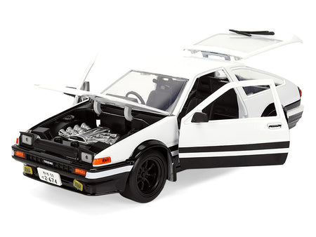 Toyota Trueno (AE86) RHD (Right Hand Drive) White and Black with Graphics and Takumi Diecast Figure "Initial D" (1998-2021) TV Series "Anime Hollywood Rides" Series 1/24 Diecast Model by Jada-Jada-ModelCars.com