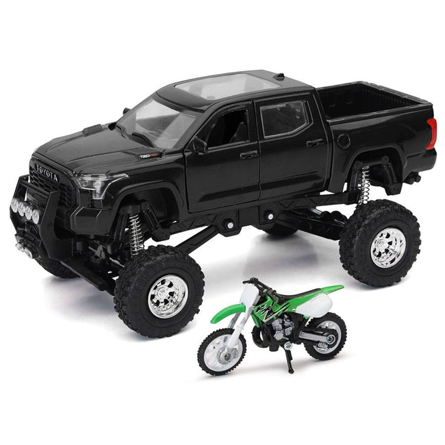 Toyota Tundra Pro Pickup Truck Black and Kawasaki KX 250 Motorcycle Green and White "Xtreme Off-Road" Series 1/32 Diecast Models by New Ray-New Ray-ModelCars.com