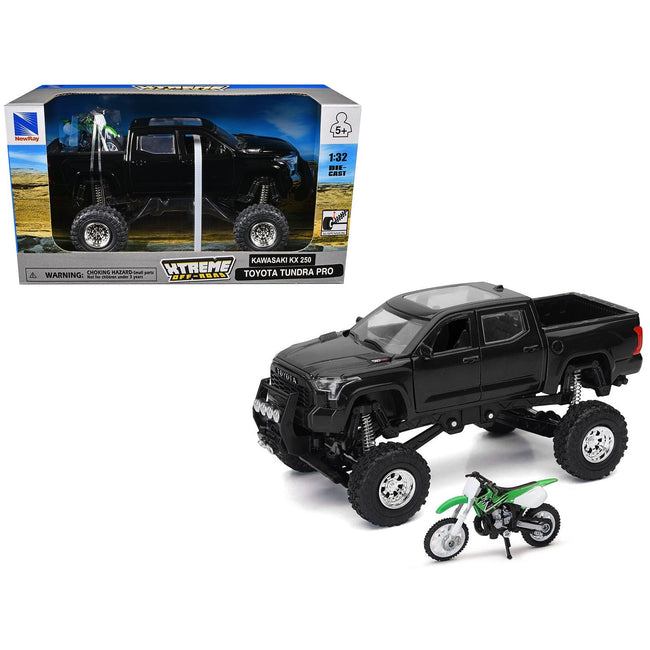 Toyota Tundra Pro Pickup Truck Black and Kawasaki KX 250 Motorcycle Green and White "Xtreme Off-Road" Series 1/32 Diecast Models by New Ray-New Ray-ModelCars.com