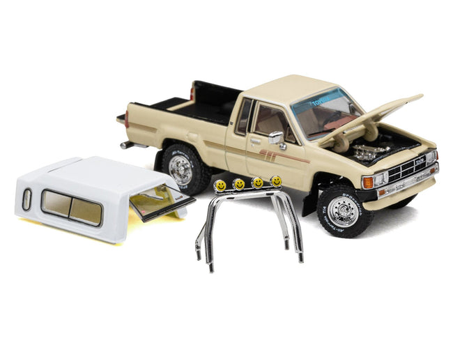 Toyota XtraCab SR5 4x4 Pickup Truck Beige with White Camper Shell "DiecastTalk Exclusive" Limited Edition to 1008 pieces Worldwide 1/64 Diecast Model Car by GCD-GCD-ModelCars.com