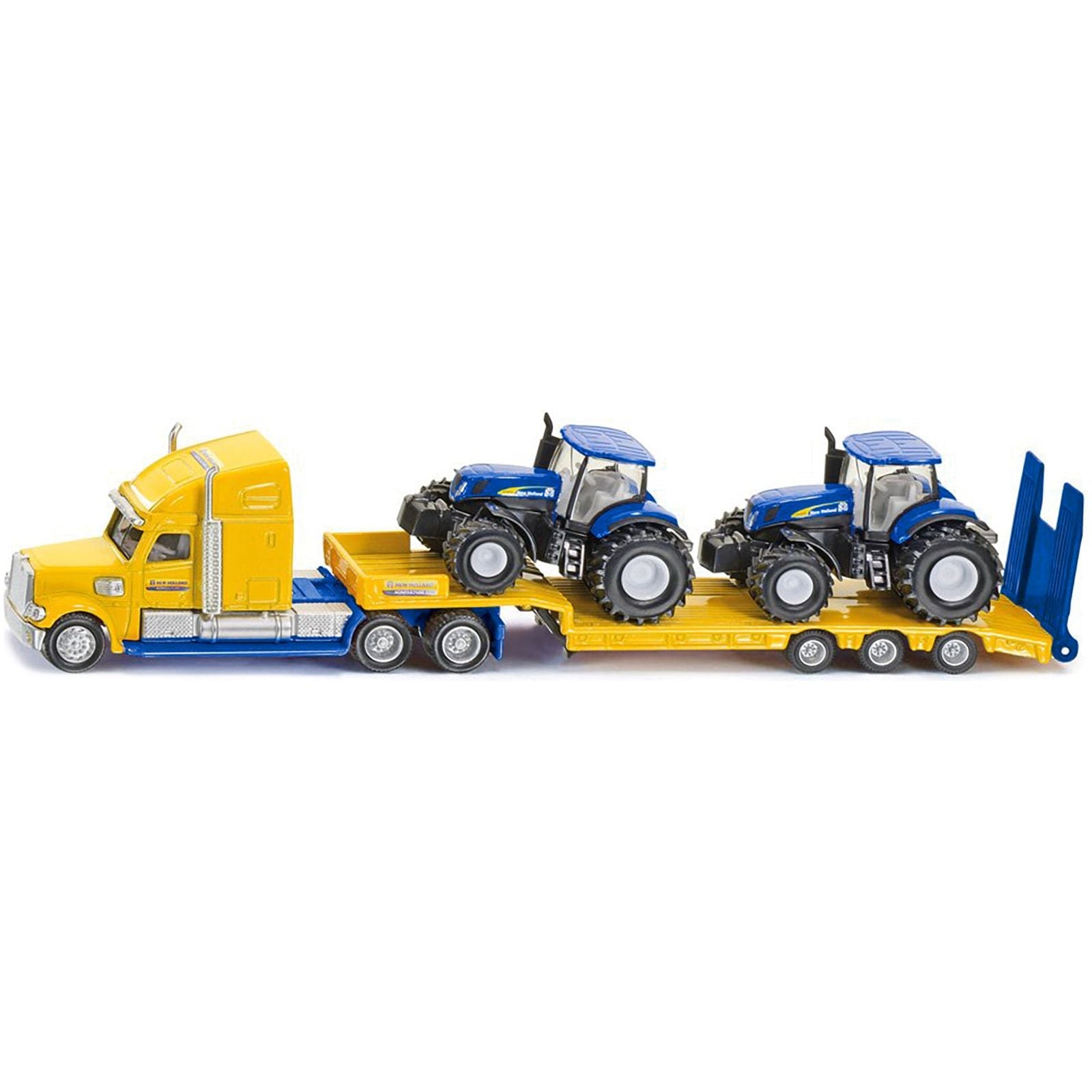 Tractor Truck Yellow with 2 New Holland T7070 Tractors Blue 1/87 (HO) Diecast Models by Siku - SIKU - ModelCars.com