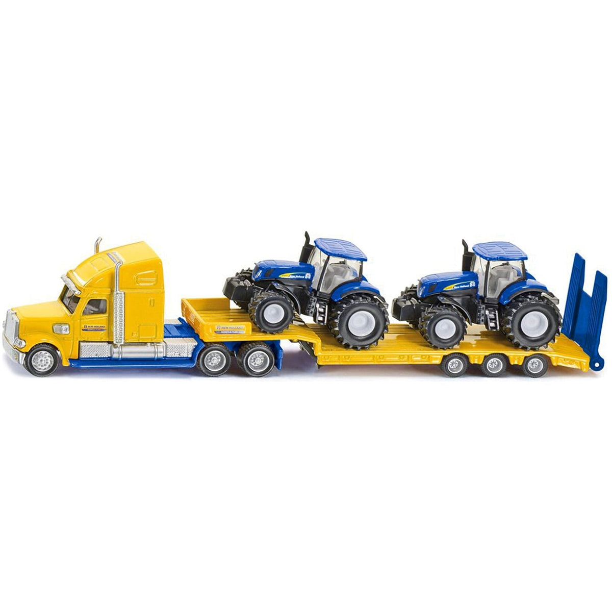 Tractor Truck Yellow with 2 New Holland T7070 Tractors Blue 1/87 (HO) Diecast Models by Siku-SIKU-ModelCars.com