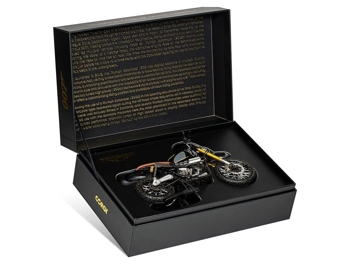 Triumph Scrambler 1200 XE Motorcycle Black (Dirty Version) James Bond 007 "No Time to Die" (2021) Movie Diecast Model Car by Corgi-Corgi-ModelCars.com