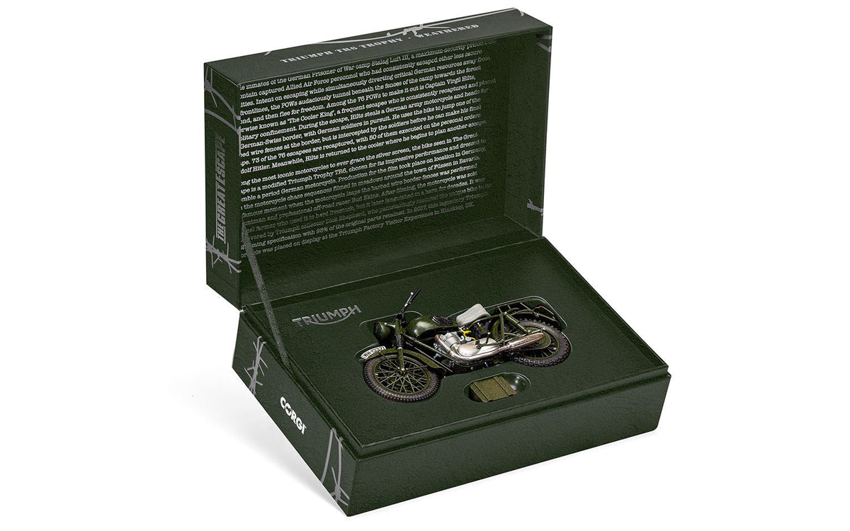 Triumph TR6 Trophy Motorcycle Dark Green (Weathered) "The Great Escape" (1963) Movie Diecast Model by Corgi-Corgi-ModelCars.com