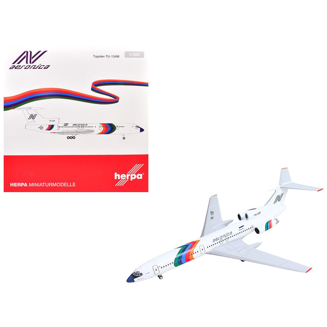 Tupolev TU-154M Commercial Aircraft "Aeronica" (YN-CBT) White with Stripes 1/200 Diecast Model by Herpa-Herpa-ModelCars.com