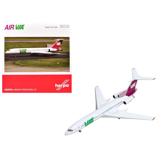 Tupolev TU-154M Commercial Aircraft "Air Via" (LZ-MIG) White with Red Tail 1/200 Diecast Model by Herpa-Herpa-ModelCars.com